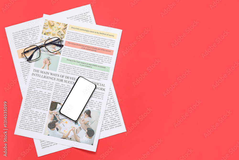 Obraz premium Newspapers, eyeglasses and mobile phone on red background. Top view