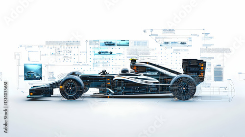 Black And Orange Formula One Race Car With Data Analysis Overlay On White Studio Background With Motion Blur Effect