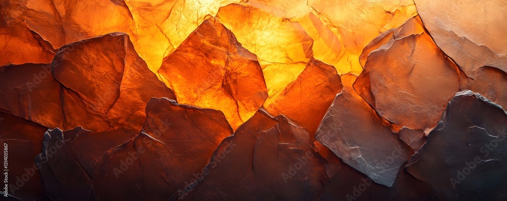Glossy orange slate rock with light reflections and uneven texture Glossy orange slate rock with light reflections and uneven texture