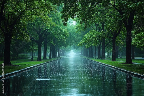 Rainy day reflects trees on avenue water, grass at park, misty background