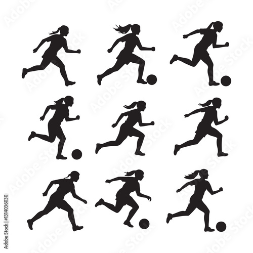 Female Soccer Player Silhouettes – Football Action Vector Set