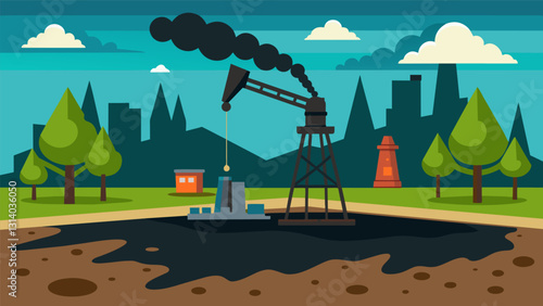 Dark sludgy oil being pumped from deep within the earth ready to be refined and used to power cities and towns.. Vector illustration