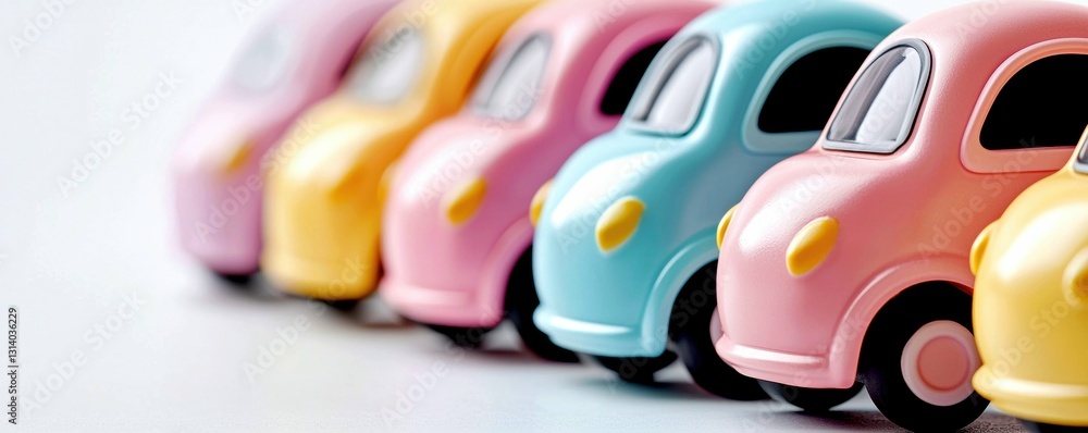 Obraz premium Pastel Car Parade Row of Cute Colorful Vehicles Automotive Variety and Transportation Theme Image