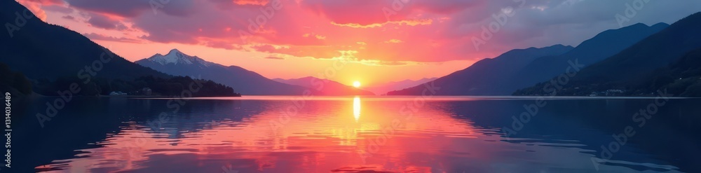 Crystal clear lake reflecting vibrant sunset, mountains silhouette , vibrant, golden hour Crystal clear lake reflecting vibrant sunset, mountains silhouette , vibrant, golden hour