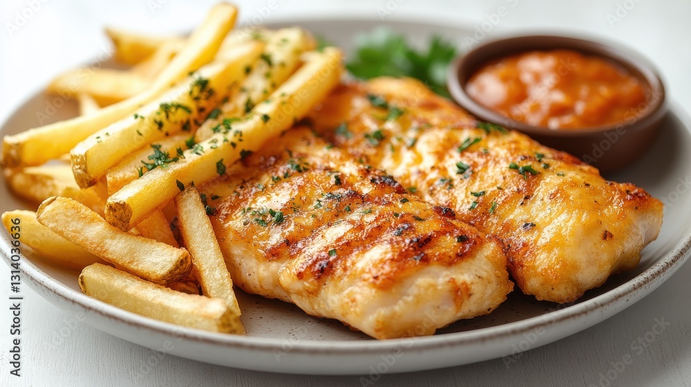 plate with french fries and chicken schnitzel isolated on white background plate with french fries and chicken schnitzel isolated on white background
