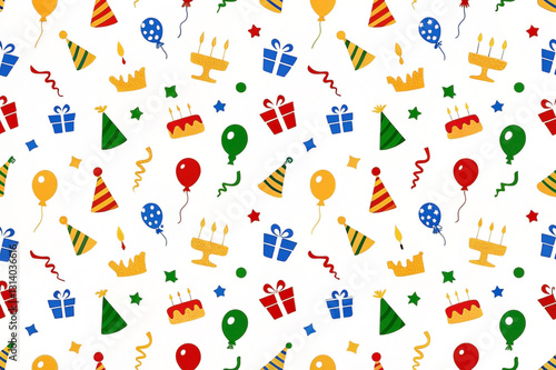 Wallpaper Mural Colorful birthday party seamless pattern with balloons, cake, gifts, hats, and confetti. Torontodigital.ca