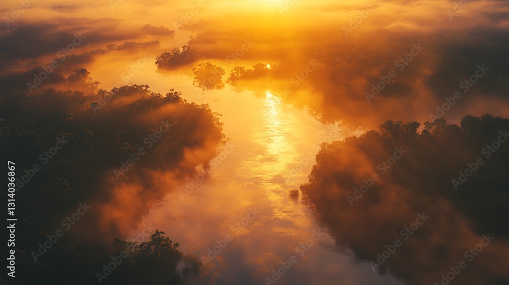 Fototapeta premium Sunrise over misty lake, golden hour light reflects on water, creating a surreal, dreamy atmosphere.