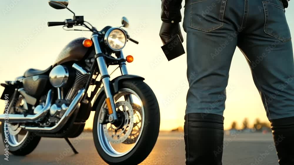 A motorcycle enthusiast securing a wallet in a leather jacket at sunset A motorcycle enthusiast securing a wallet in a leather jacket at sunset