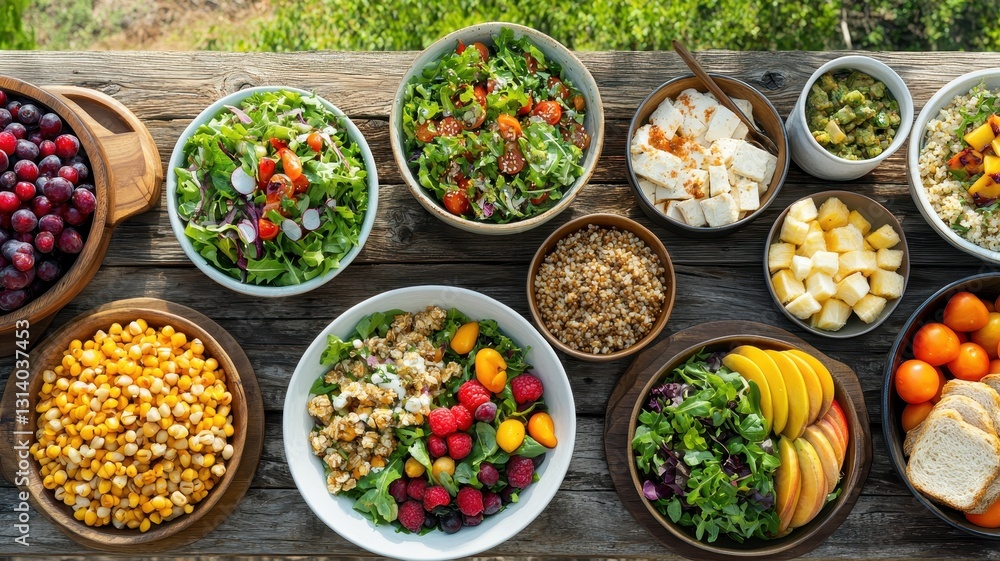 A vibrant spread of fresh salads, fruits, and grains arranged on a wooden table, showcasing healthy eating and colorful ingredients. A vibrant spread of fresh salads, fruits, and grains arranged on a wooden table, showcasing healthy eating and colorful ingredients.