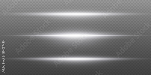 Set of white horizontal highlights. Laser beams and lines, light flash. On a transparent background.