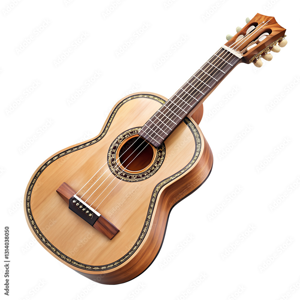 Fototapeta premium Classical Guitar, This image of a classic guitar, its wooden body gleaming, invites you to explore its music potential. Its elegant design is a symbol of music.