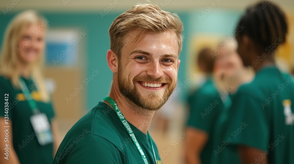 Fototapeta premium Smiling Young Man with Beard in Casual Green Shirt at Event