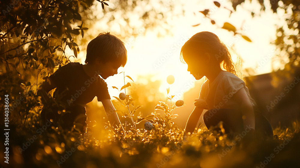A cozy Easter morning, children excitedly searching for hidden eggs in a dewy garden, golden sunrise, warm and nostalgic, cinematic shot A cozy Easter morning, children excitedly searching for hidden eggs in a dewy garden, golden sunrise, warm and nostalgic, cinematic shot