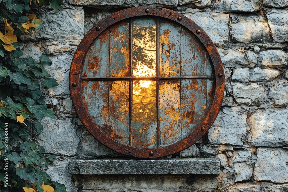 Obraz premium Light through rustic circular window, stone building with leaves, exterior
