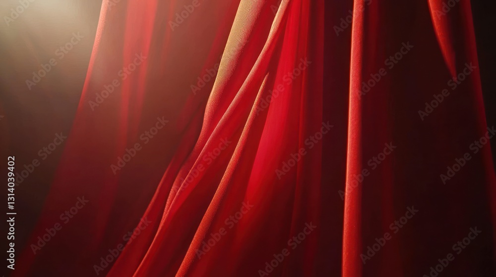 Fototapeta premium Dramatic red fabric drapes with soft lighting.
