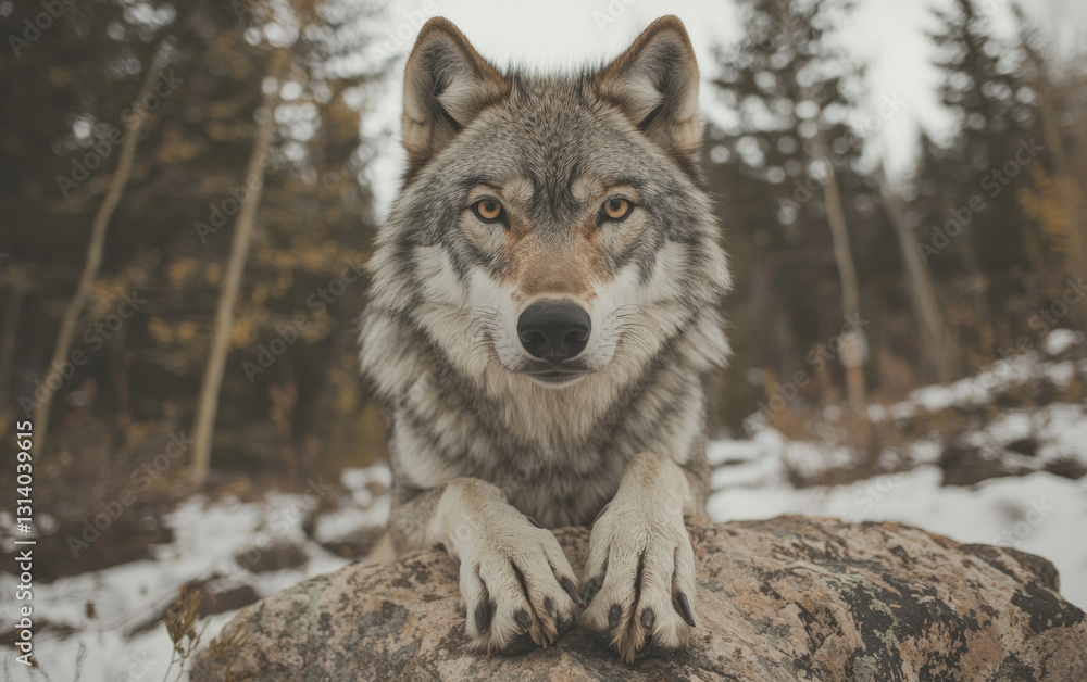 Fototapeta premium Gray Wolf in Snowy Forest Close Up