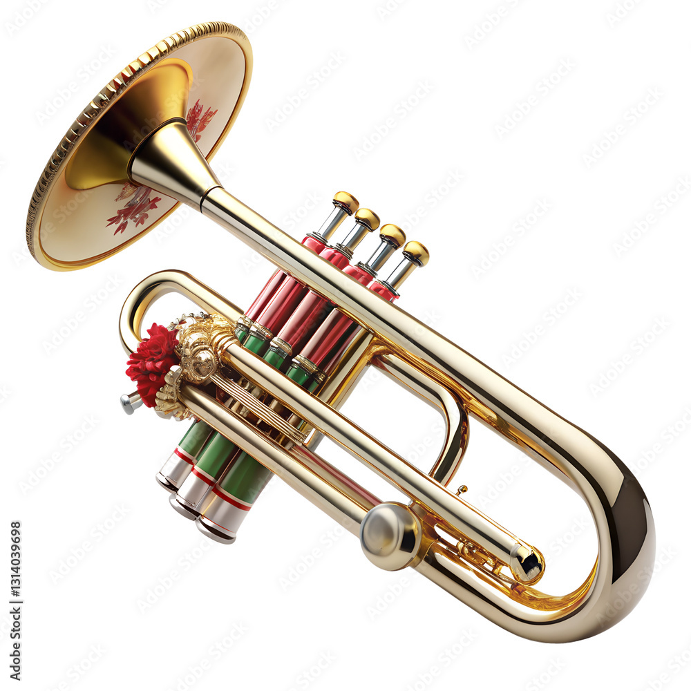 Obraz premium Festive Cornet, A gleaming golden cornet with holiday decorations, perfectly capturing the spirit of music and celebration.
