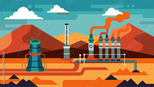 An array of towering pipes and machinery extracting geothermal energy from deep beneath the surface.. Vector illustration