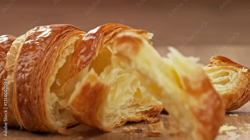 A close-up of a freshly baked croissant with a bite taken out, resting on a wooden surface. A close-up of a freshly baked croissant with a bite taken out, resting on a wooden surface.