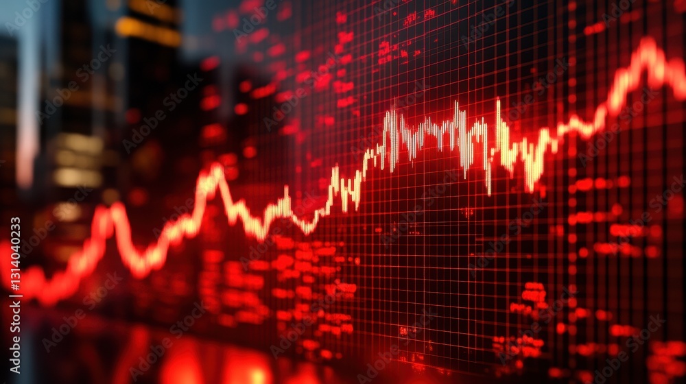 Close-up of Red Stock Market Chart Reflecting City Lights - Financial Downturn, Recession, Business, Crisis Close-up of Red Stock Market Chart Reflecting City Lights - Financial Downturn, Recession, Business, Crisis