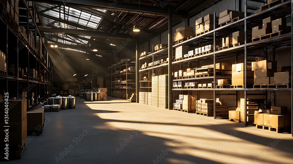Sunbeams illuminate a spacious warehouse with rows of stocked shelves, filled with cardboard boxes and various goods. Sunbeams illuminate a spacious warehouse with rows of stocked shelves, filled with cardboard boxes and various goods.