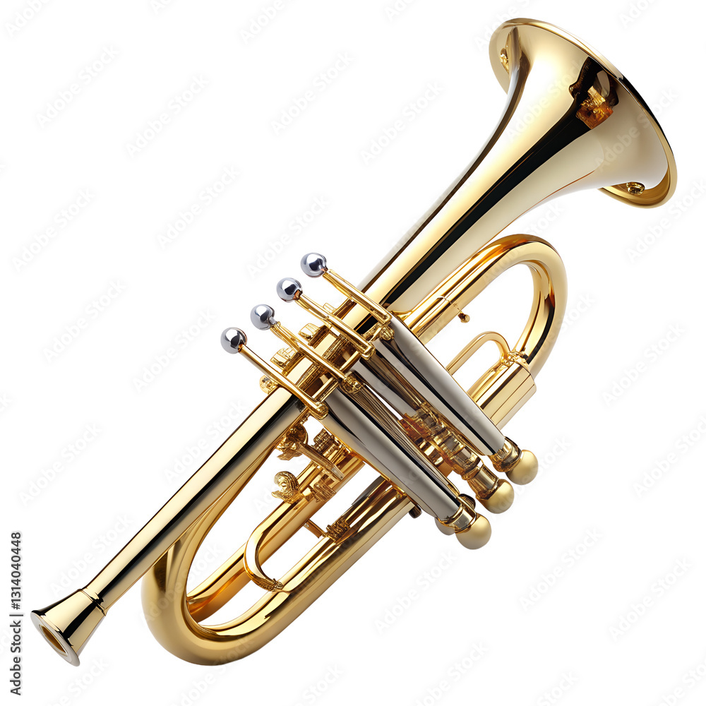 Obraz premium Golden Trumpet Serenade, A stunning golden trumpet, gleaming under the studio lights, its polished surface reflecting a symphony of elegance and musical promise. 
