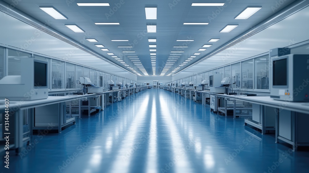 Fototapeta premium Clean Modern Laboratory Interior with High-Tech Equipment and Blue Floor