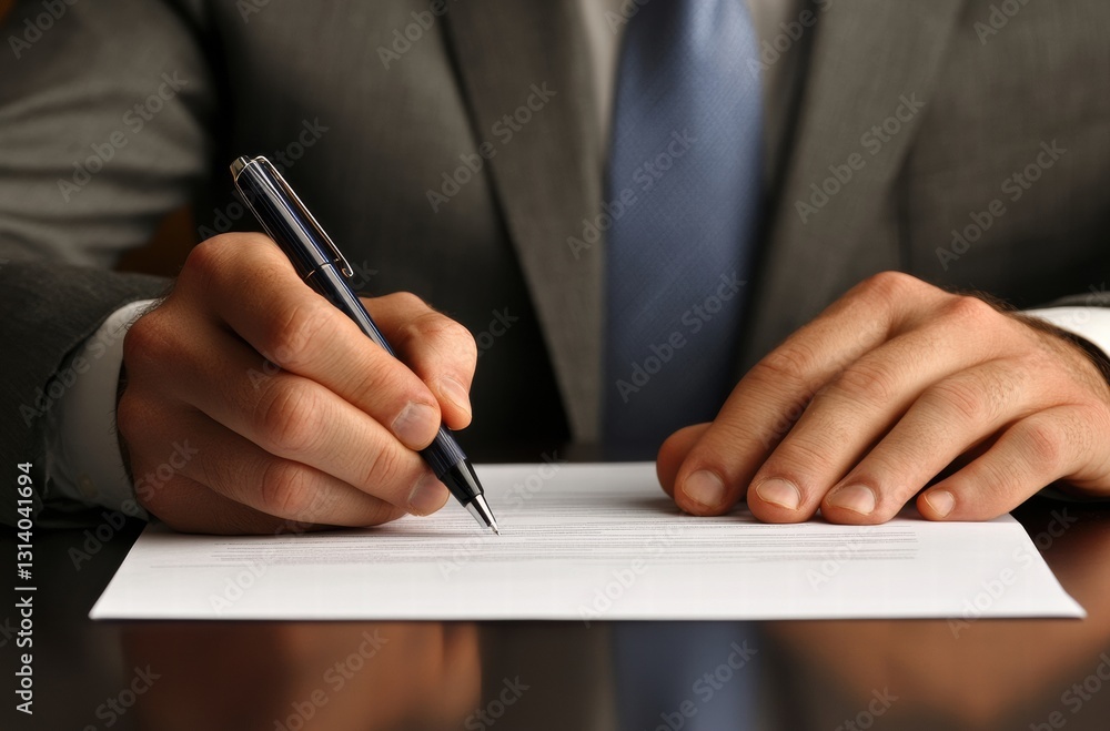 A man is writing on a piece of paper with a pen A man is writing on a piece of paper with a pen