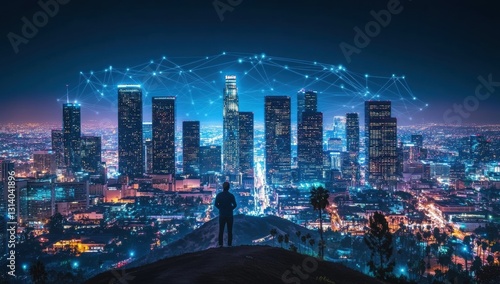 Fototapeta Naklejka Na Ścianę i Meble -  A man stands on a hill overlooking a city at night