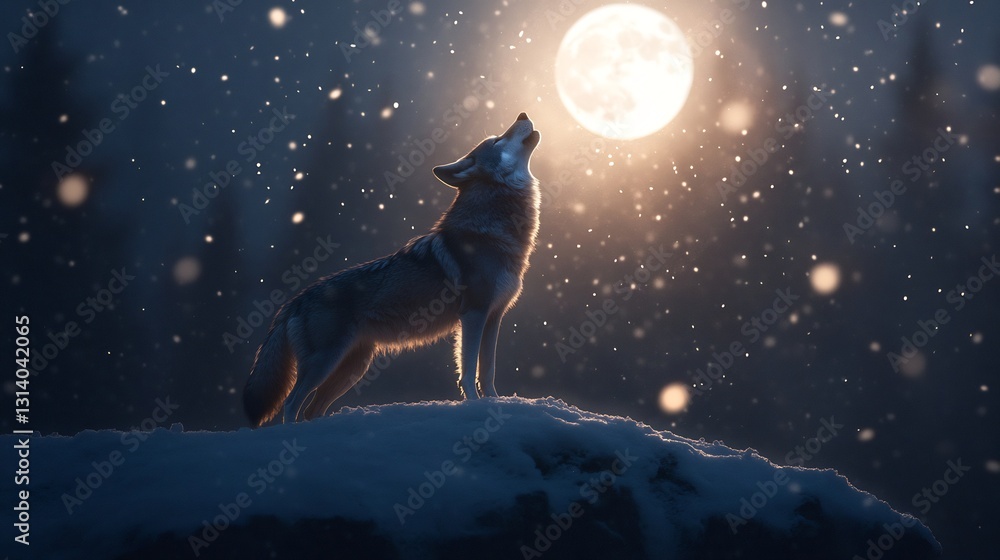 Fototapeta premium Lone wolf howling on snowy cliff with full moon and snowflakes