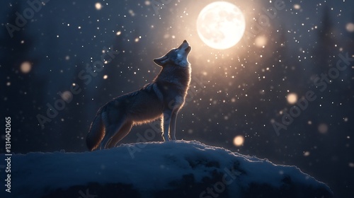 Wallpaper Mural Lone wolf howling on snowy cliff with full moon and snowflakes Torontodigital.ca