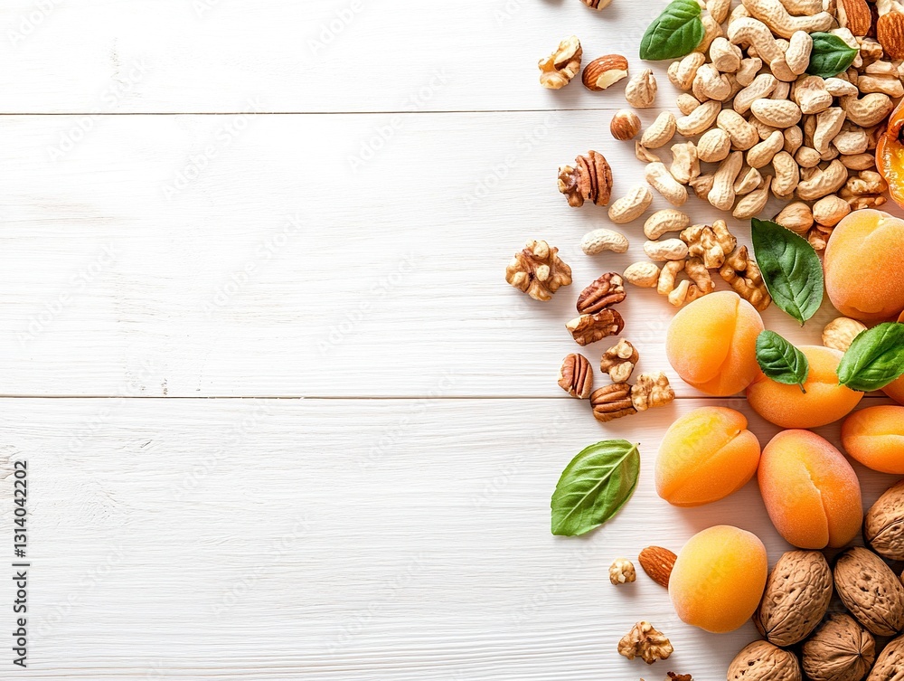 Top view of apricots and nuts on a white wooden background with copy space. Flat lay, top view stock photo. Contest winner, food photography, stock photo. Top view of apricots and nuts on a white wooden background with copy space. Flat lay, top view stock photo. Contest winner, food photography, stock photo.