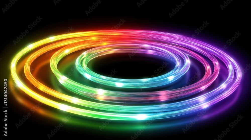 Bright coiled colored lights are arranged into concentric circles on black Bright coiled colored lights are arranged into concentric circles on black