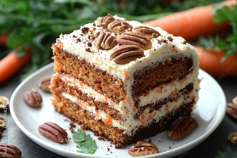 Slice of Carrot Cake Garnished with Pecans on Plate with Carrots and Greens Slice of Carrot Cake Garnished with Pecans on Plate with Carrots and Greens