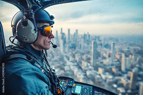 a helicopter pilot flying over a city.