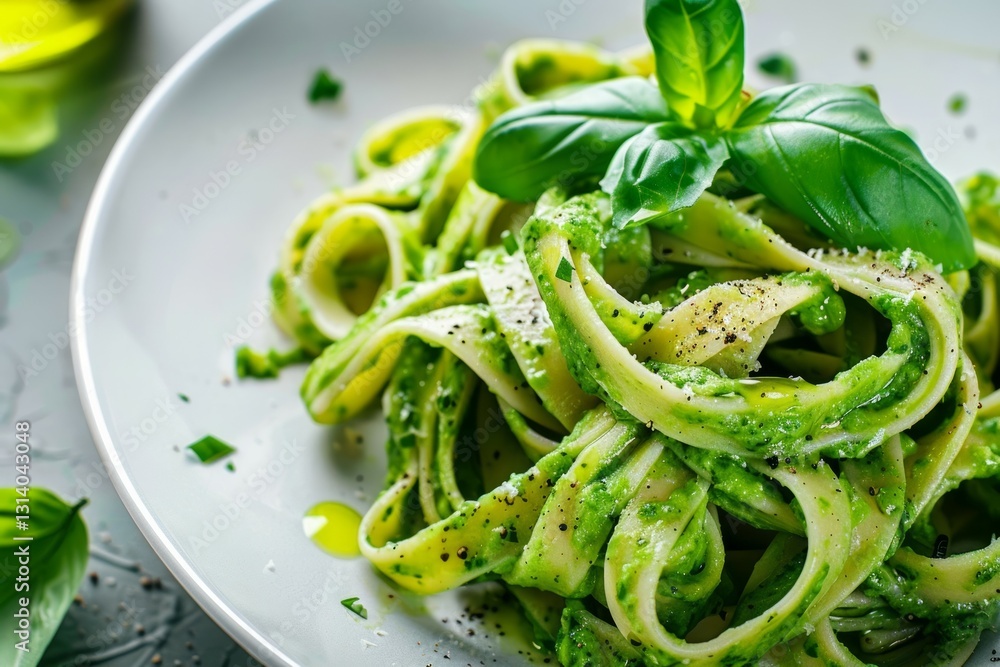 Fettuccine with basil pesto and fresh basil leaves. Artificial intelligence image Fettuccine with basil pesto and fresh basil leaves. Artificial intelligence image