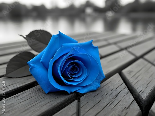 Blue rose on wooden pier, romantic monochrome photography. Black and white photo of blue rose by the canal