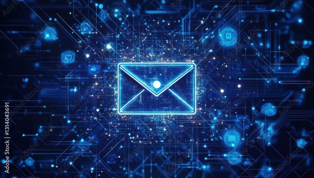 A blue image of an envelope with a blue dot on it A blue image of an envelope with a blue dot on it