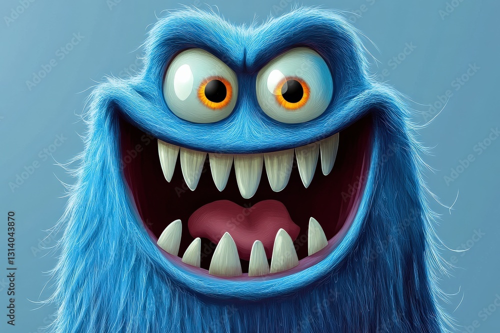 Obraz premium Whimsical Blue Furry Monster with Wide Grin and Menacing Teeth for Childrens Stories