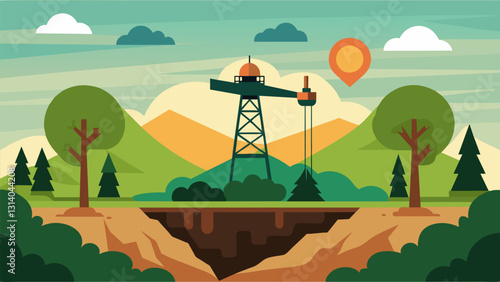 The oil well cap once a source of profit and advancement now stands silent in a landscape reclaimed by nature.. Vector illustration