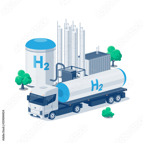 Hydrogen transportation and storage. Semi truck distribution with fuel cistern trailer. Hydrogen gas tanks facility power plant production process factory. Flat isolated vector illustrations on white.