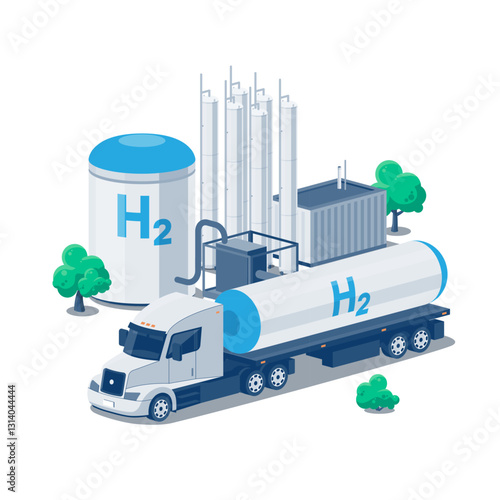 Hydrogen transportation and storage. Semi truck distribution with fuel cistern trailer. Hydrogen gas tanks facility power plant production process factory. Flat isolated vector illustrations on white.