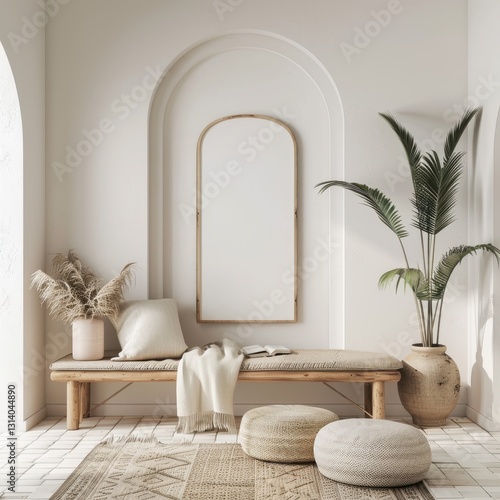 Fototapeta Naklejka Na Ścianę i Meble -  A minimalist boho living room with a wooden bench. throw pillows. a plant. and a large arched mirror in a white walled room