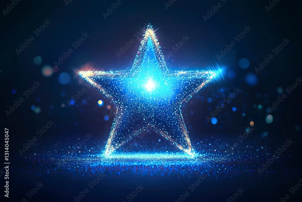 Vector illustration of a glowing blue star with light rays and bokeh lights on a dark background, a concept design for an award ceremony or presentation backdrop. is visible in the center. Vector illustration of a glowing blue star with light rays and bokeh lights on a dark background, a concept design for an award ceremony or presentation backdrop. is visible in the center.