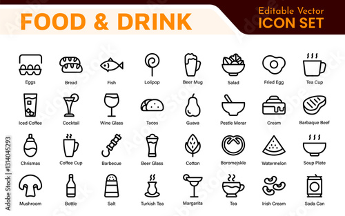 Food and Drink Icons Collection. Vector-Based Icons for Cooking, Dining, Beverages, Restaurant, and Fast Food Design