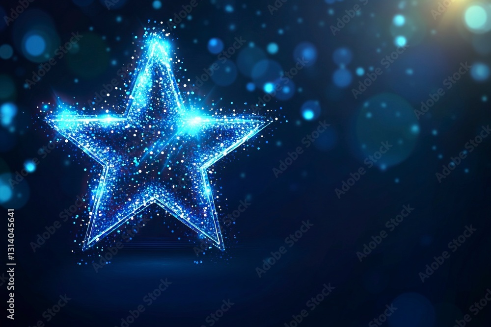 Vector illustration of a glowing blue star with light rays and bokeh lights on a dark background, a concept design for an award ceremony or presentation backdrop. is visible in the center. Vector illustration of a glowing blue star with light rays and bokeh lights on a dark background, a concept design for an award ceremony or presentation backdrop. is visible in the center.