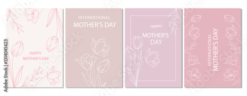 Mother's Day Poster. Set of Floral Posters for Mothers Day. Flower design Mother's Day Greeting Cards. Mothers Day background Templates with Floral Line Art.