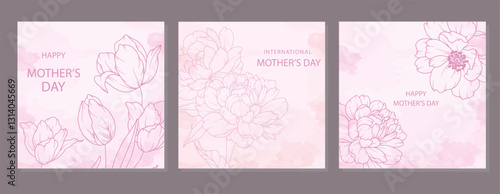 Mother's Day Poster. Set of Floral Posters for Mothers Day. Flower design Mother's Day Greeting Cards. Mothers Day background Templates with Floral Line Art.