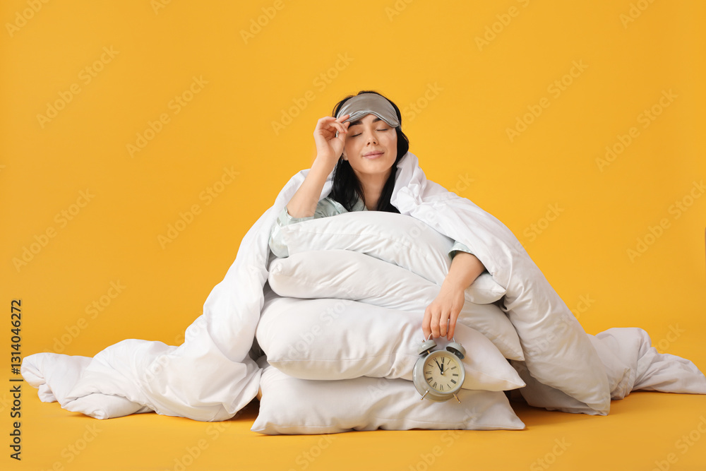 Fototapeta premium Pretty young woman with mask, pillows and alarm clock sleeping on yellow background