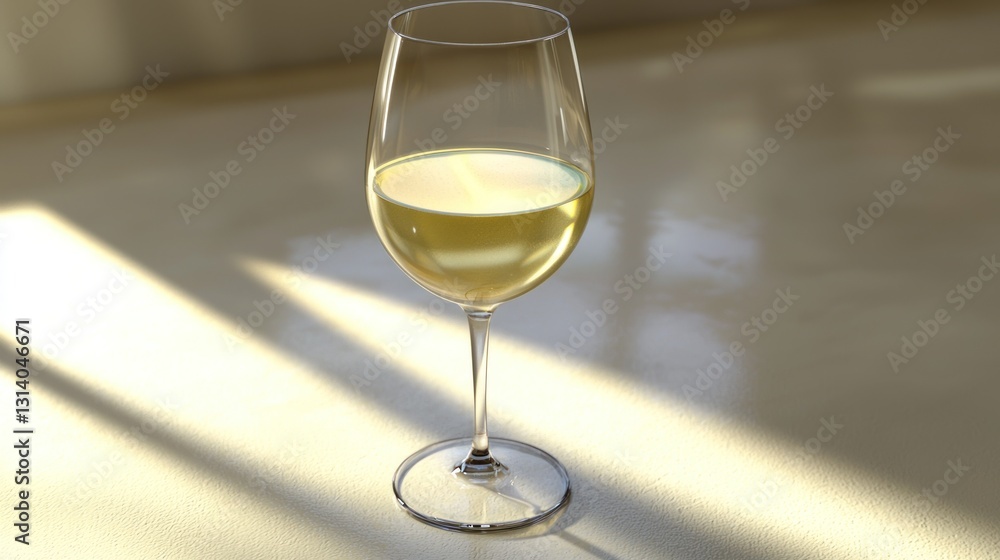 Obraz premium A glass of pale yellow white wine sits on a light surface in sunlight.